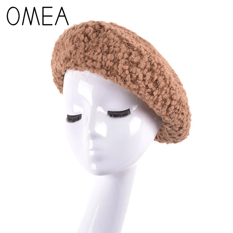OMEA кашемировый берет, шапка для женщин, шерстяной берет с блестящей нитью, однотонный берет, шапка, шапка художника, зимняя английская берет