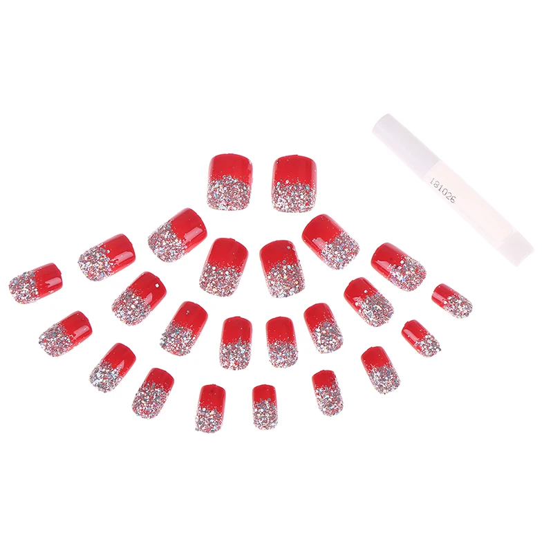 24Pcs Red Shiny Surface Artificial Nails Pre-designed Short Full Fake Nails Square With Glue Bride Wedding Glitter Decoration
