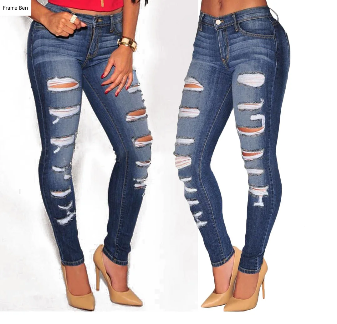 Рваные Модные Повседневные джинсы, обтягивающие женские синие джинсы с большими дырками, женские джинсы весна лето осень, узкие брюки с высокой талией размера плюс