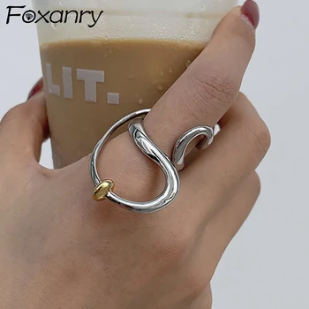 FOXANRY 미니멀리스트 실버 컬러 링 여성을위한 새로운 패션 과장된 왜곡 라인 기하학적 반지 세트 파티 쥬얼리