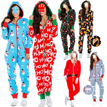 

Christmas Jumpsuit Pajamas Women Winter Print Warm Long Sleeve Sleepwear Xmas Cute Zipper Up Hooded Nightwear Home Wear Suits
