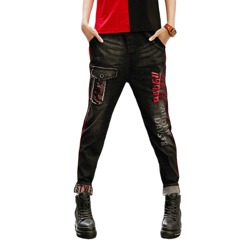 

2020 Retro Jeans XL Size Trend Elastic Waist Full Length Denim Vintage Women Pants Autumn For Women Trousers With Printing