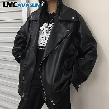 

Ring Zipper Button Soft Faux Leather Trench Loose Punk Streetwear Plus Size Chaqueta Coat Thin Autumn Women Korean Windbreaker