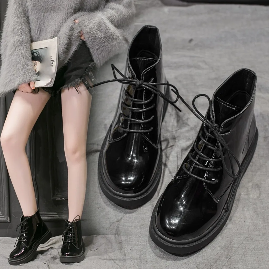 

YOUYEDIAN Leather Lace up Women's Boots basic waterproof ankle boots women Chic Girl Solid Thick Booties shoes botas mujer 8M355