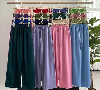 

2020 autumn Korean version 32 colors rainbow candy color casual pants women new color high waist wide leg pants long pants