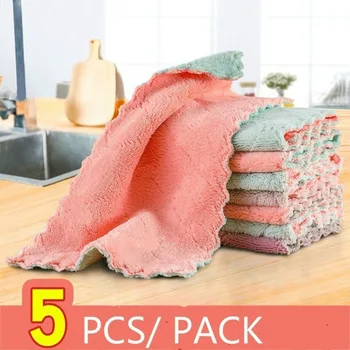 

5pcs Water Absorbent Dishcloth Kitchen Accessories Double-sided Coral Fleece Does Not Touch Oil Drop Hair Cleaning Cloth