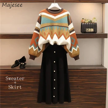 

Two Piece Set Women All-match Simple Elegant O-Neck Elastic Waist Quality Womens Sets Knitting Casual Loose Plus Size 4XL Female