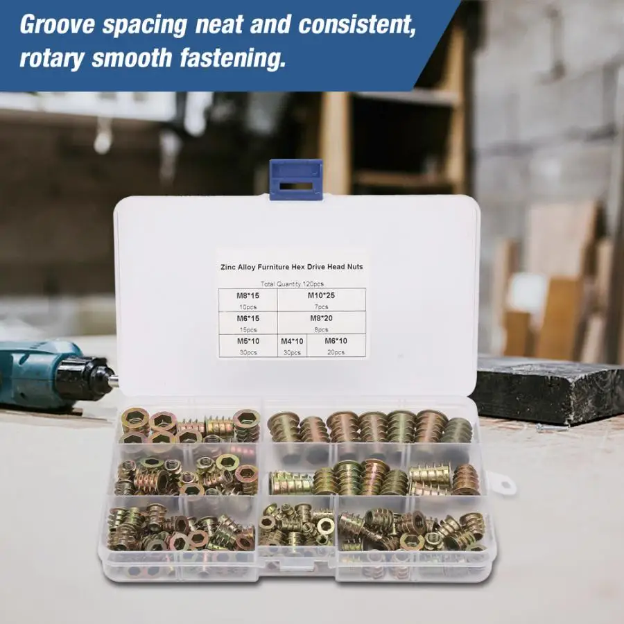 

120pcs/set /M5/M6/M8/M10 Zinc Inside & Outside Teeth Screw Insert Hex Nuts Assortment Kit