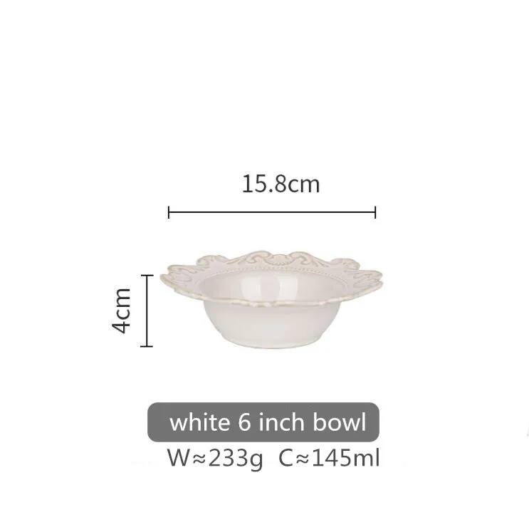 white 6 inch bowl Синий и Белый античный рельефный керамический набор обеденных тарелок, фарфоровый основной поднос для сервировки блюд, десертные салатные блюда, посуда 1 шт - Цвет: white 6 inch bowl