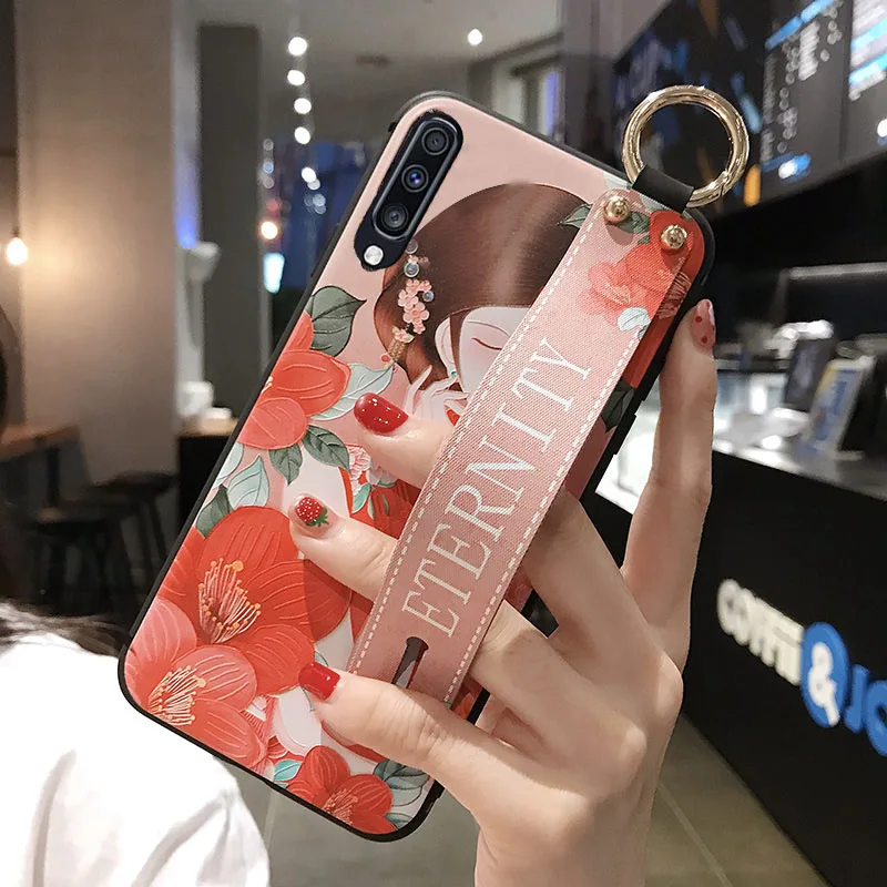 Матовый чехол с 3D рельефным цветком для samsung Galaxy S10e S9 S8 S10 Plus Note 8 9, ремешок на руку, мягкий чехол, роскошный чехол с подставкой - Цвет: Небесно-голубой