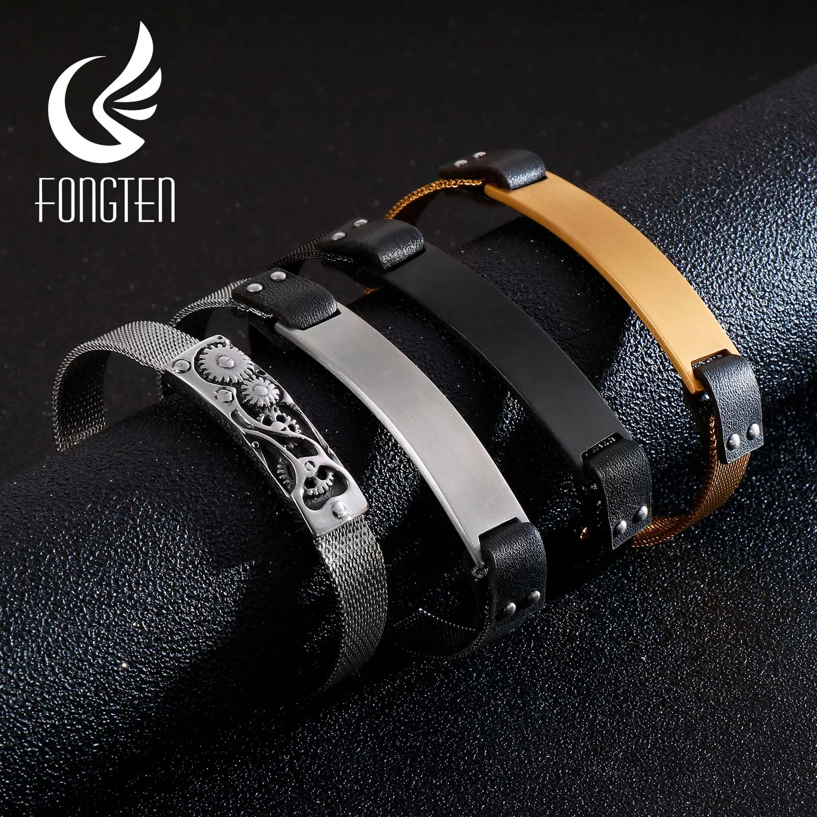 

Fongten Vintage Sliver Gold Stainless Steel Leather Watch Chain Bracelet For Men Fashion Jewelry