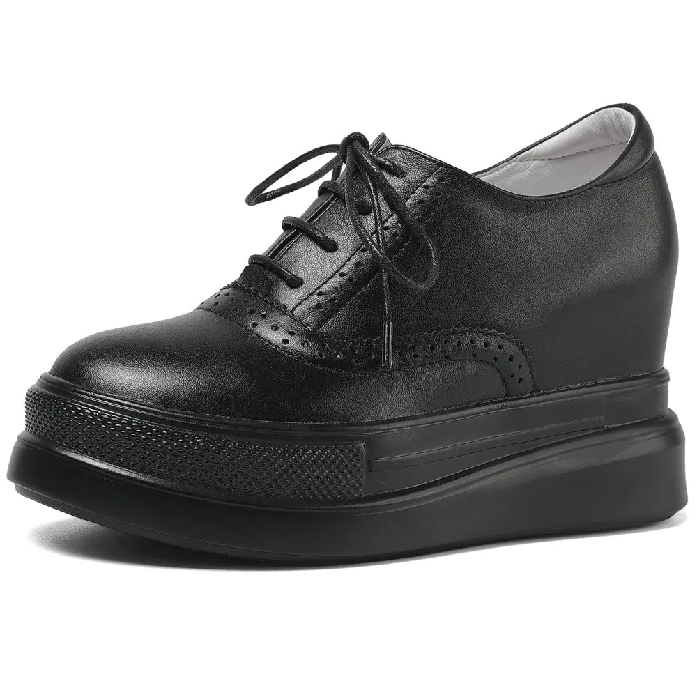 

Platform Creeper Shoes Women's Genuine Leather Round Toe Ankle Boots Wedge High Heels Goth Oxfords 34 35 36 37 38 39 40