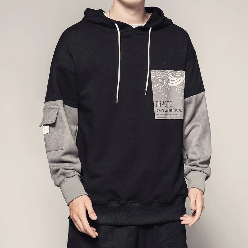 

Mens Letter Printed Patchwork Sleeve Hoodies with Pocket Oversized Harajuku Streetwear Hooded Sweatshirt for Men Fashion Clothes