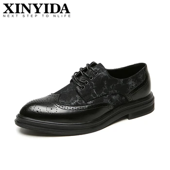 

Spring Men Shoes Bullock Carve Men's Business Leather Shoes Fashion Pointed Toe Lace Up Dress Men Brogue Shoes Black Size 38-44