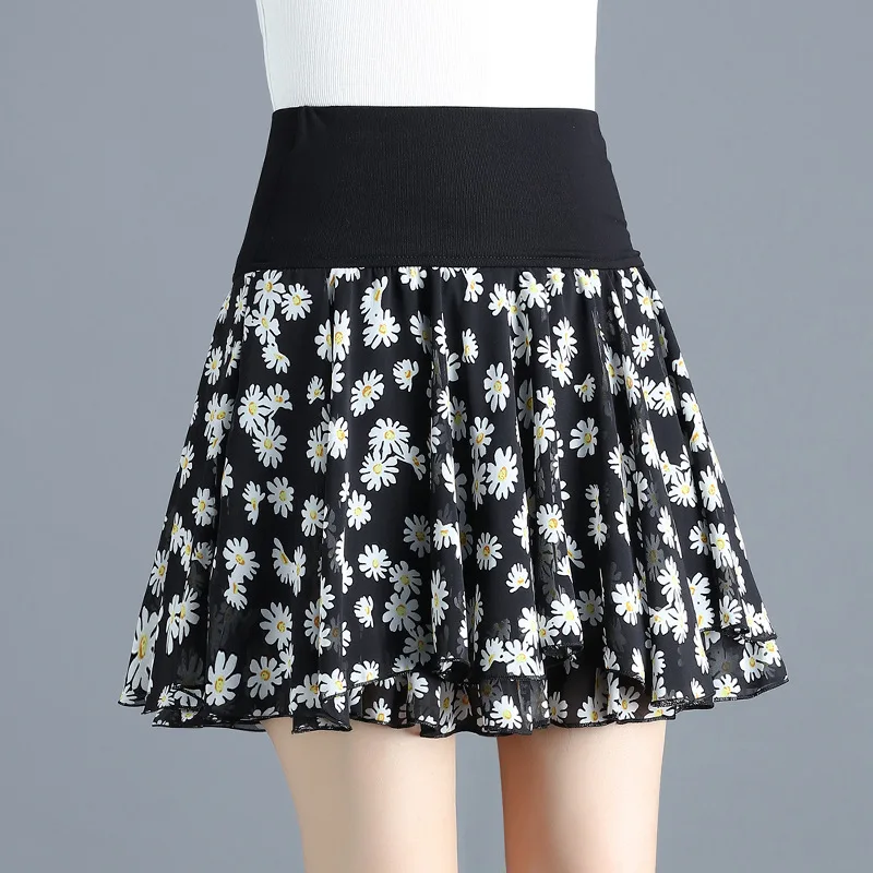 ミニスカート Pleated Chiffon Skirt Elastic High Waist Swing Floral Chiffon Black Pleated Short