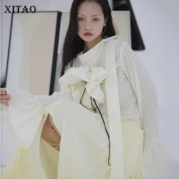 

XITAO Personality Hollow Cloud Stereo Flower Shirt Drawstring Bow Trend Trumpet Sleeve Womens Tops and Blouses Fashion DMY4096