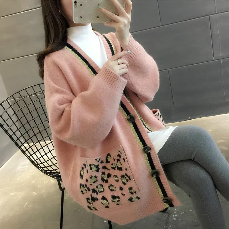 skin pink cardigan Neploe весна женский свитер вязание v-образный вырез кардиган свитера зимняя одежда плюс размер Леопард Harajuku женские пальто 90406 - Цвет: skin pink cardigan
