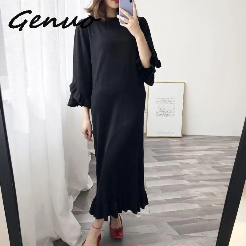 Genuo, новинка, весеннее женское платье, повседневное, сплошной цвет, цветной раструб, рукава, гофрированное, декоративное, свободное, вязаное платье