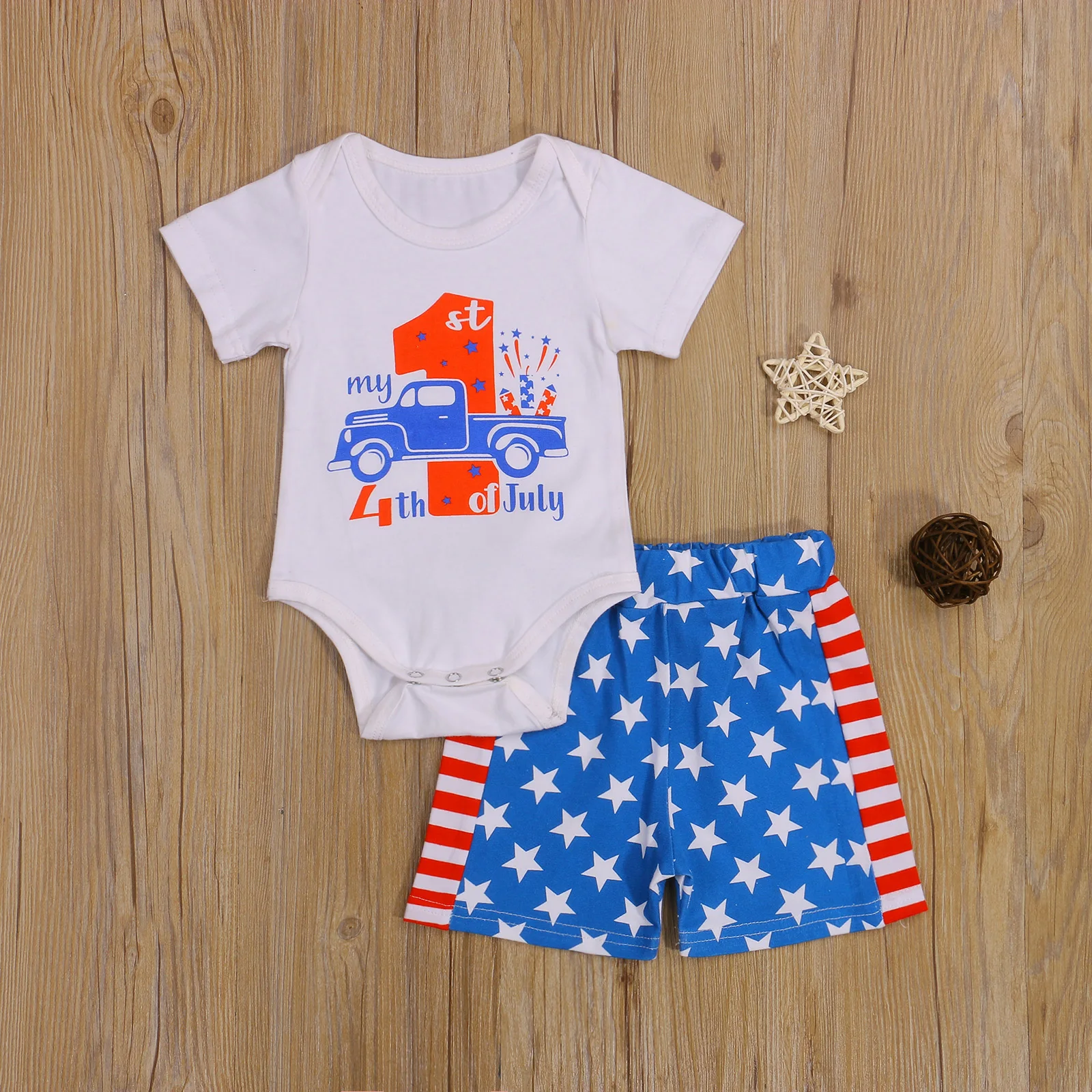 

Newborn Baby Jumpsuit Set Girl Boy Romper Shorts Suit Car Star Striped Printed Short Sleeve Round Collar Tops Summer Pants