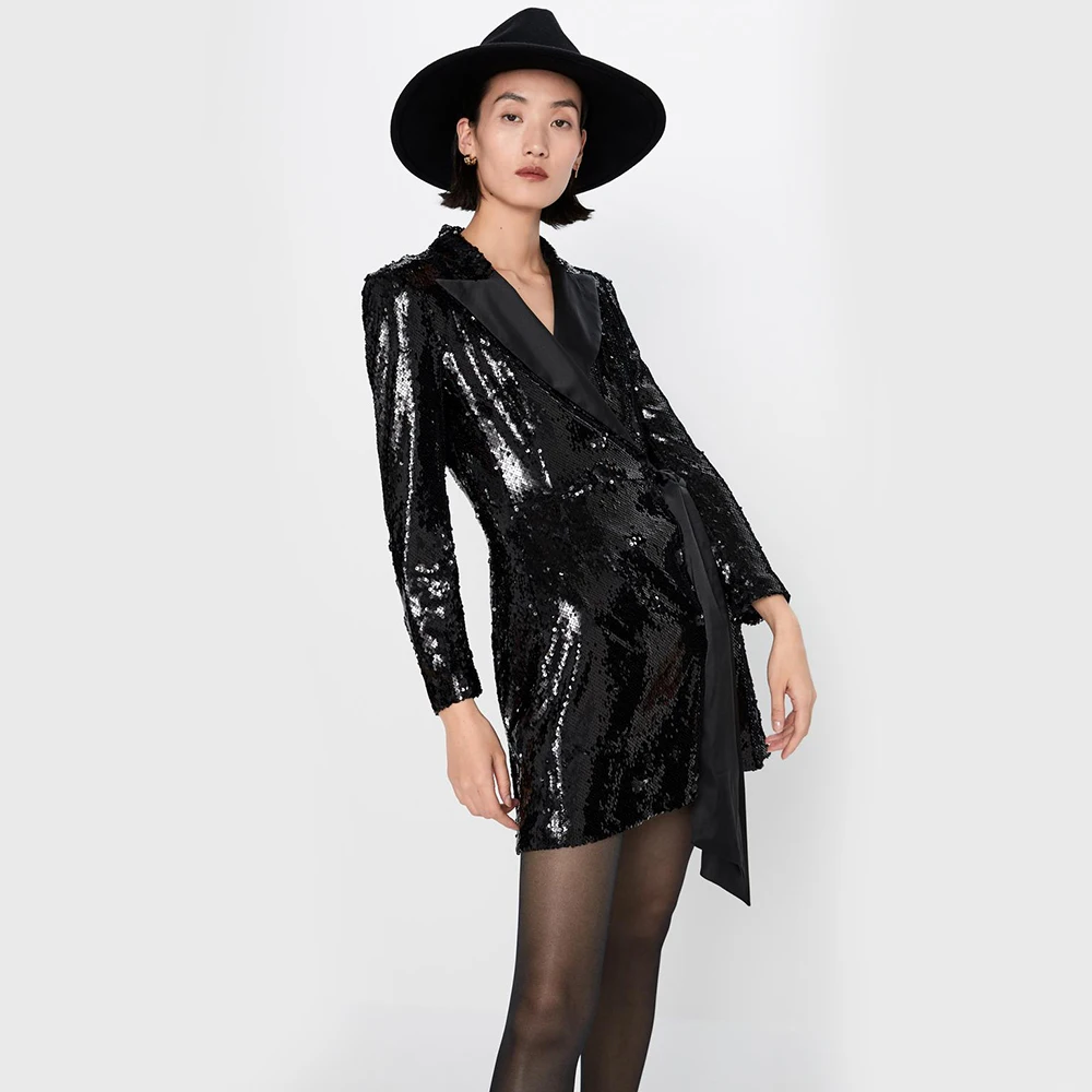 

2020 New Dress Women ZA Sequined Lapel Suit Collar Short Shiny Statement Charm Long Sleeve Winter MIDI Bow Slim Party Nightclub