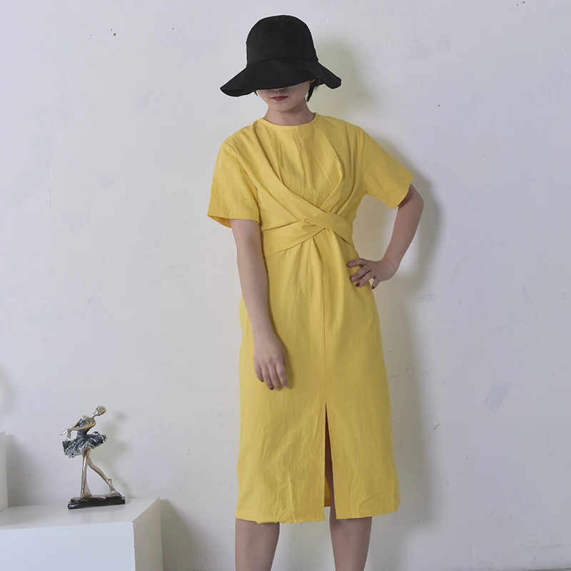 LANMREM летнее Новое однотонное свободное винтажное женское платье с круглым вырезом и натуральной талией, модное женское платье E4100