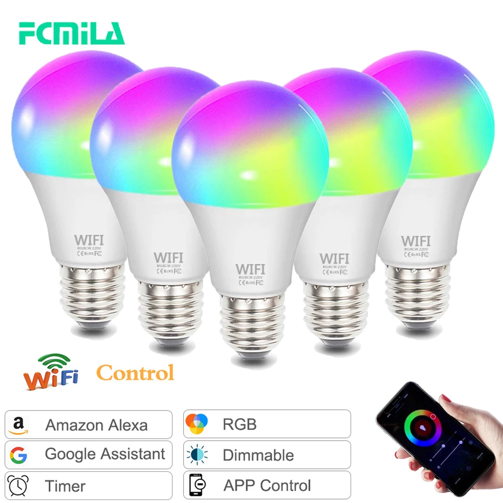 WiFi Smart LED RGB Light Bulb 15W Dimmable Alexa Smart Home Control Smartphone