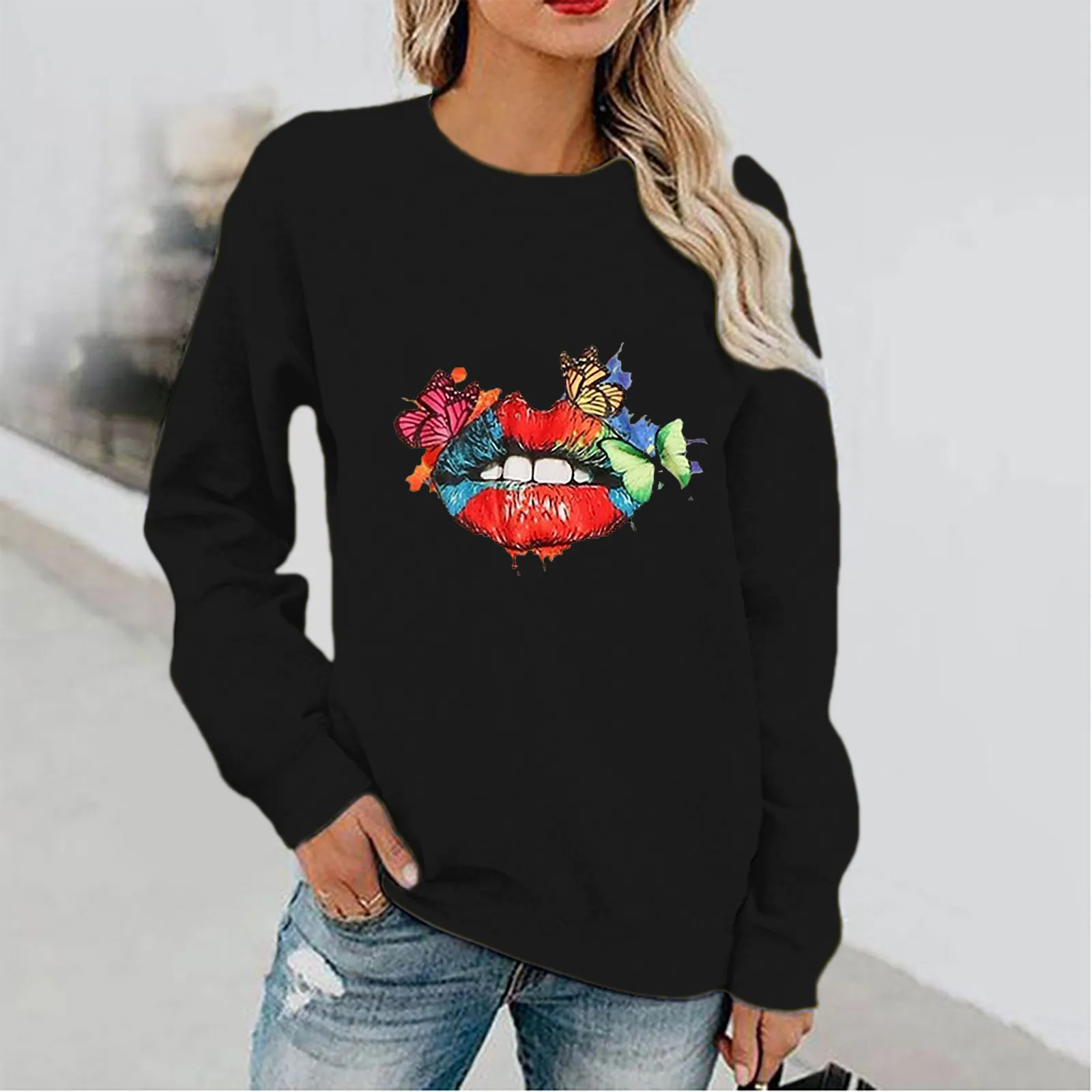 Women's Casual Print Hoodies Long Sleeve O-Neck Top Pullover Sweatshirt Autumn and Winter Loose Tops Socket Head Sweatshirts 1