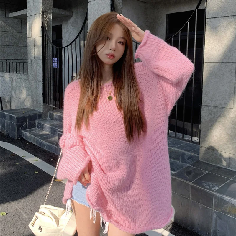 Knitted Sweater 2021 Autumn Fashion Chic French Aging Peach Powder Loose Medium And Long Sleeved Crimped Women's | Женская одежда