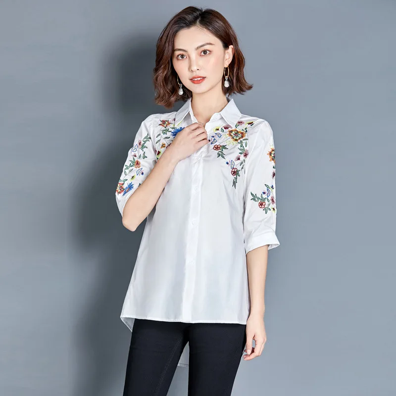 

2019 Spring And Autumn New Style Large Size Dress Fat Mm 200 Half-sleeve Shirt Tops Loose-Fit Slimming Mid-length Embroidery Shi