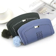 

Fashion Bow Zipper Hairball Women Wallet Pu Leather Leaf Printing Long Female Coin Purses New clutch bag Money clip