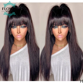 

150% Straight Human Hair Wigs With Bangs Full Machine Made Wig with scalp top Remy Brazilian Hair Wig With Bangs FlowerSeason