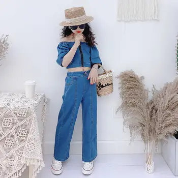 

Summer baby girls 2 pcs set streetwear zipper low cut puff sleeve blouse + jeans kids denim suits children clothes 3 4 to 12 Yrs