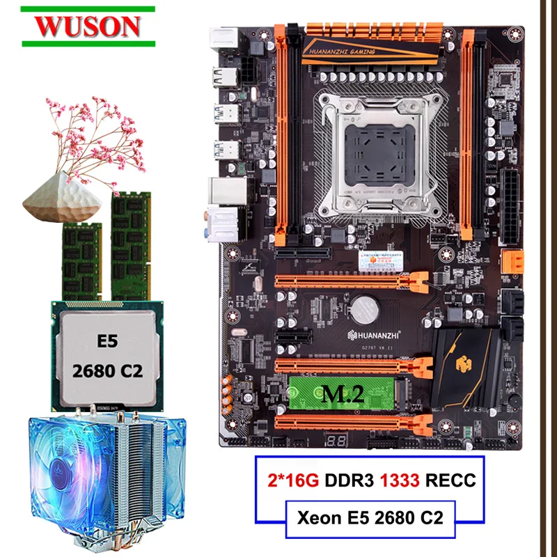 Игровая материнская плата HUANANZHI deluxe X79 LGA2011 комплект Xeon E5 2680 C2 с кулером ЦП ОЗУ 32 Гб