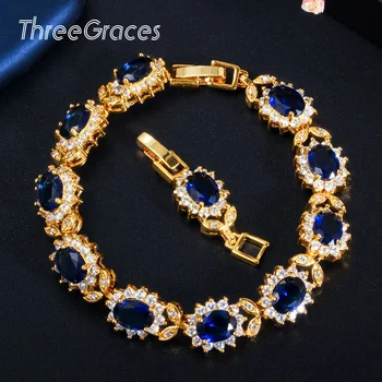 

ThreeGraces Charming Dubai Gold Royal Blue Oval CZ Stone Crystal Flower Link Chain Bracelets Bangle for Women Jewelry Gift BR115
