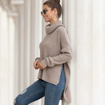 

MY6299 Slit Side Loose long Sweater Casual Knitted Ladies Sweater Long Sleeve Turtle Neck Women Tops Sweaters Pullovers