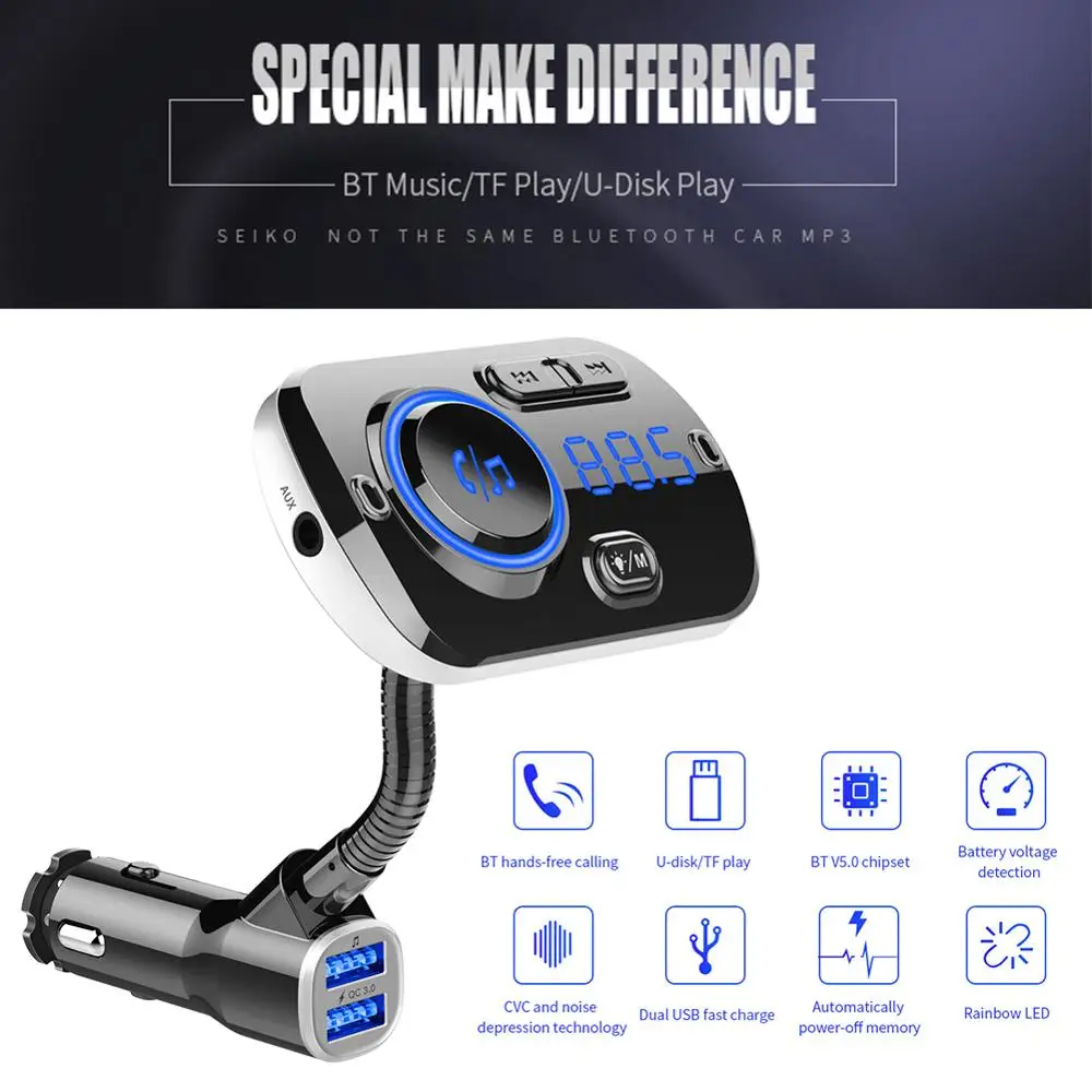 Автомобильный fm-передатчик Bluetooth 5,0 FM модулятор USB Комплект автомобильного зарядного устройства громкой связи музыкальный плеер ночного видения светодиодный свет