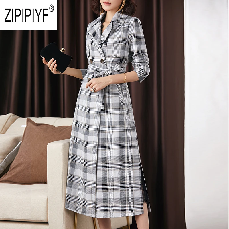 

2019 Autumn New Women's Casual trench coat oversize Double Breasted Vintage Plaid Pattern Loose Clothing Office Lady Coats Z2354