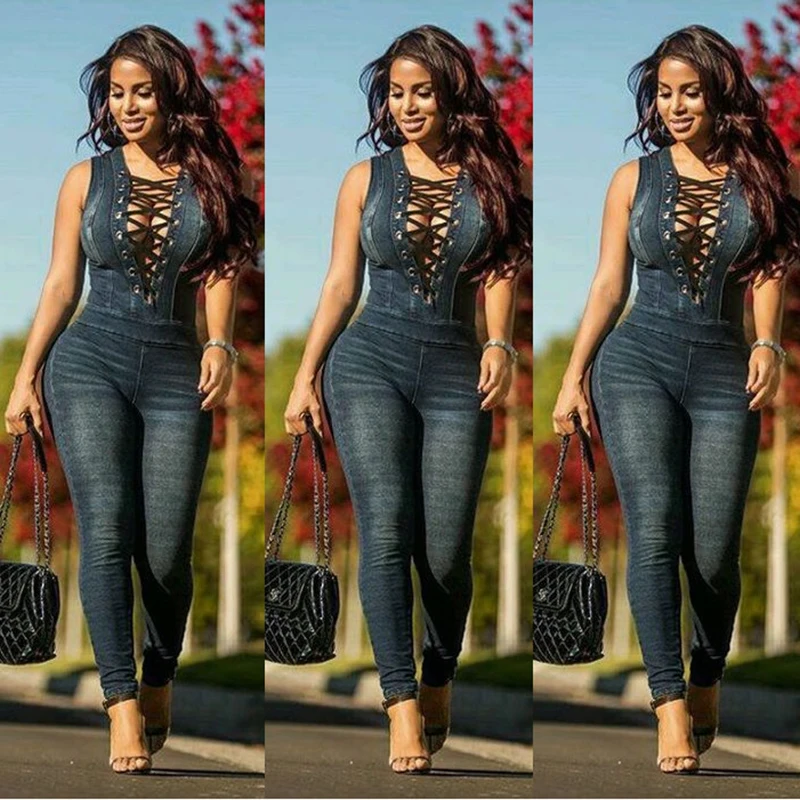 New Style 2XL Size Denim Rompers Overalls Women Skinny Jeans Sexy Blue Lace-up V Neck Sleeveless Denim Jumpsuits Bodysuit 2021