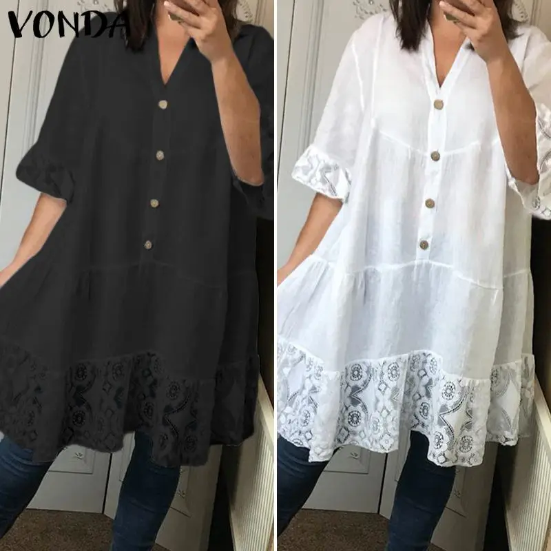 VONDA, кружевные топы и рубашки, Женская Сексуальная Пляжная блуза с v-образным вырезом и расклешенными рукавами, лето, богемная туника, повседневные блузы S-5XL размера плюс