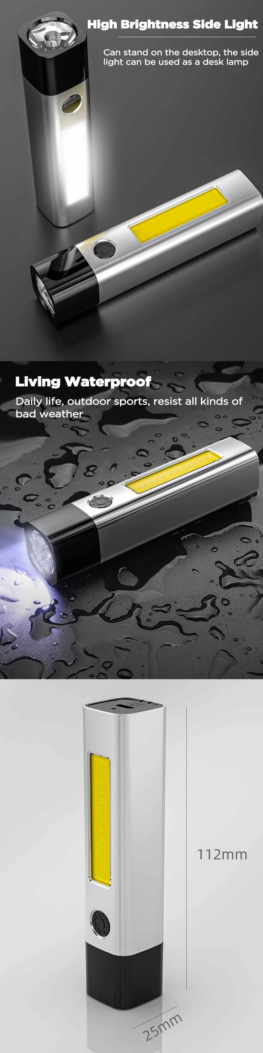 Portable COB mini flashlight stepless dimming USB rechargeable flashlight Torch cycling light camping light waterproof lanterna best flashlights for camping