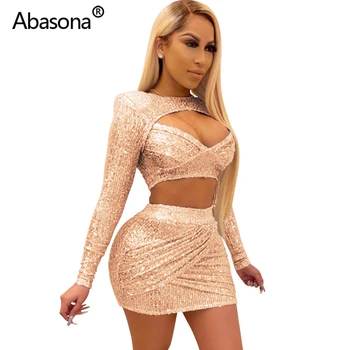 

Abasona Women Summer Sequin Bodycon Mini Dress Wrap Open Bust Long Sleeve Party Dresses 2020 Sexy Night Club Female Vestidos