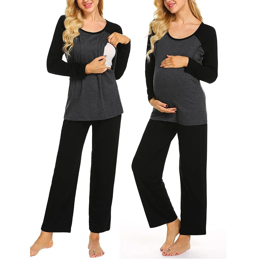 Осенне-зимняя повседневная одежда для беременных, футболка с длинными рукавами для кормящих детей, топы+ штаны, пижамный комплект, костюм, одежда для беременных женщин