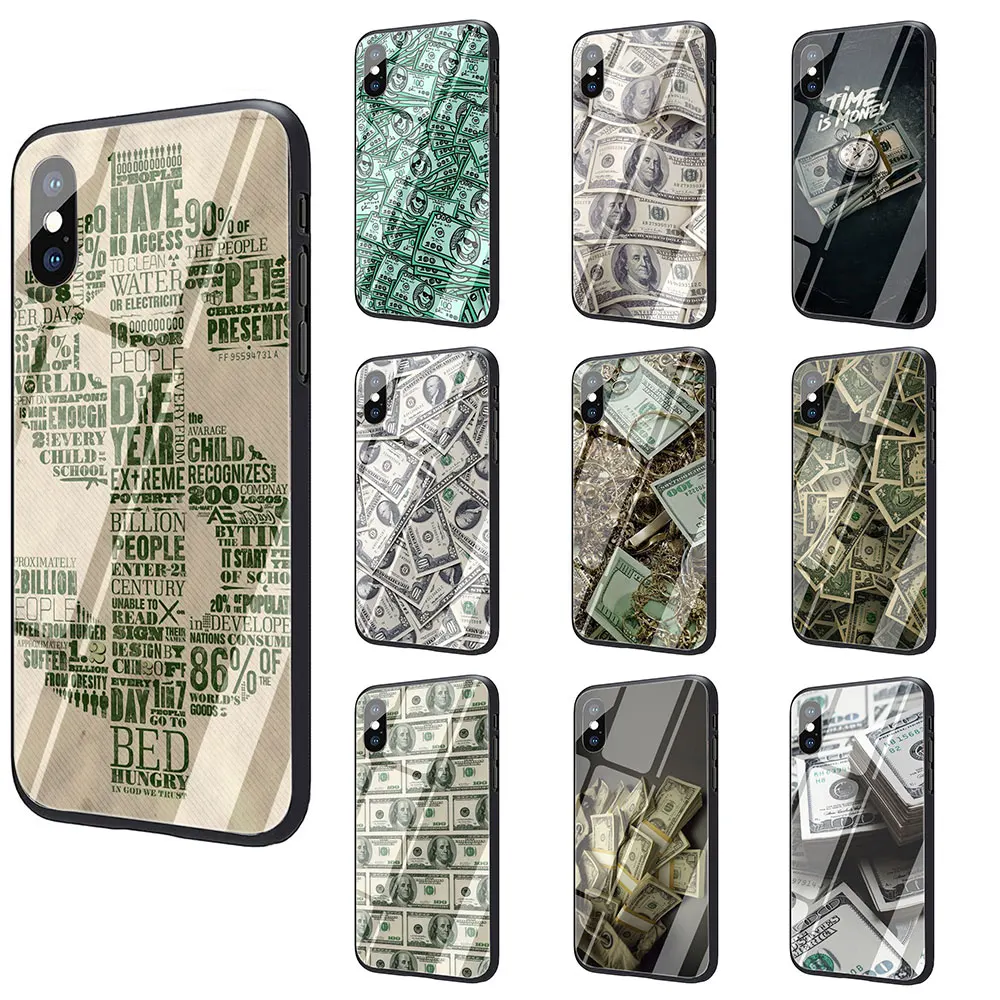 

Big Money 100 Dollars design Tempered Glass TPU Black Case for iPhone 11 Pro X or 10 8 7 6 6S Plus Xr Xs Max