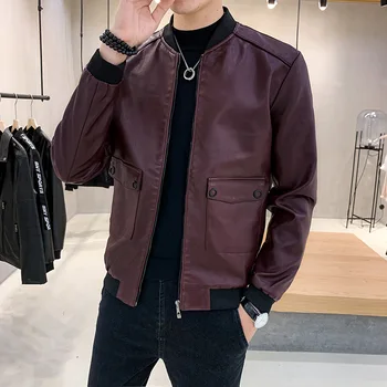 

2020 Men's Autumn New Casual Motorcycle Leather Jacket Youth Stand Collar Solid Color Large Pocket PU Leather Jacket
