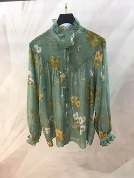 

C346 Gold silk fabric The flounce version looks great ondine 100% silk shirt