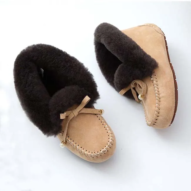 Natural Fur Women Flats Casual Moccasins Comfortable Loafers Genuine Leather Women Shoes Fashion Driving Shoes Woman - Цвет: BROWN