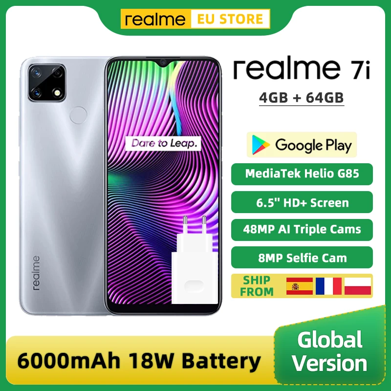 Versión Global Realme 7i Smartphone 4GB RAM 64GB ROM MTK Helio G85 6,5 Pantalla 48MP AI Triple Cámara 18W de carga rápida 6000mAh