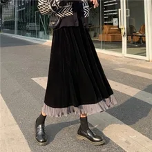 Зимние Бархатные юбки с высокой талией, Корейская свободная модная черная Длинная женская юбка, женская повседневная юбка, 5D015