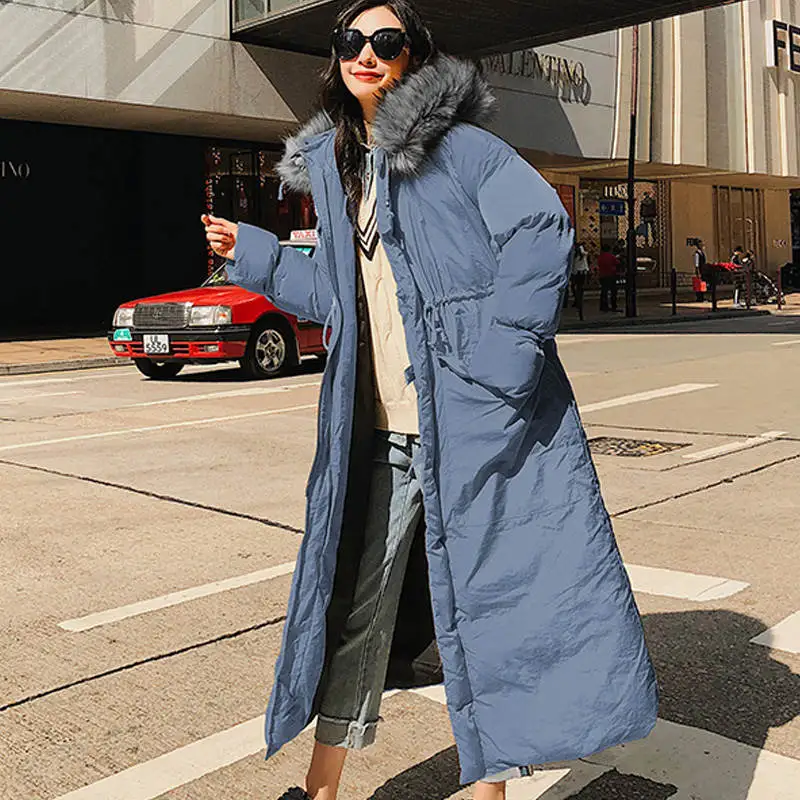 blue with fur Новое супер длинное пальто Плюс Размер Женская зимняя куртка с капюшоном Регулируемая талия вниз хлопок зимние пальто парки теплые куртки C5885 - Цвет: blue with fur
