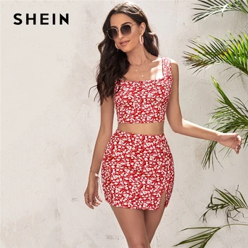 

SHEIN Ditsy Floral Crop Tank Top and Split Hem Skirt Set 2 Piece Set Women Summer Bohemian Slim Fitted Two Piece Sets